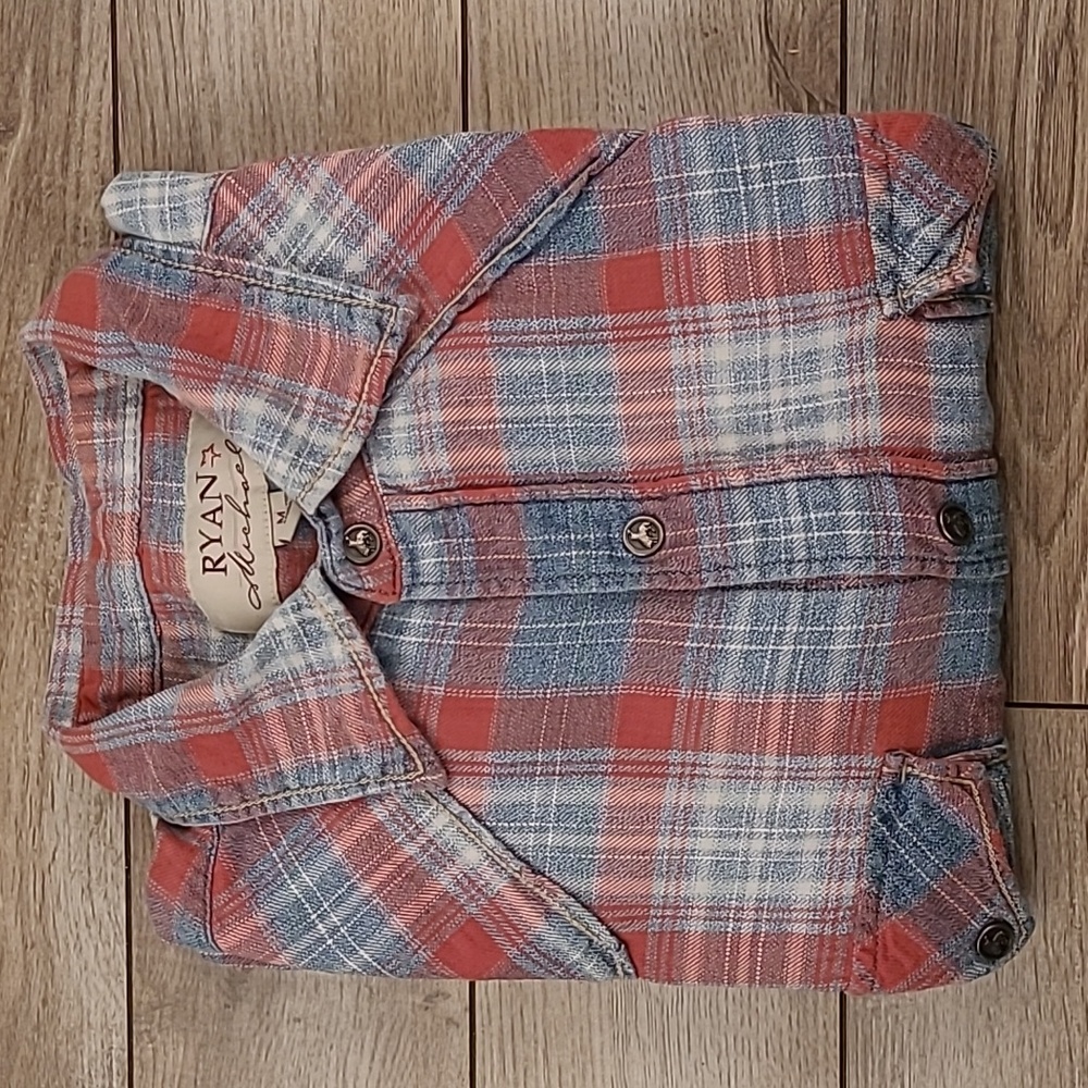 RYAN MICHAEL Blue Red Plaid Western Bull Rider Snap Buttons M Long‎ Sleeve Shirt